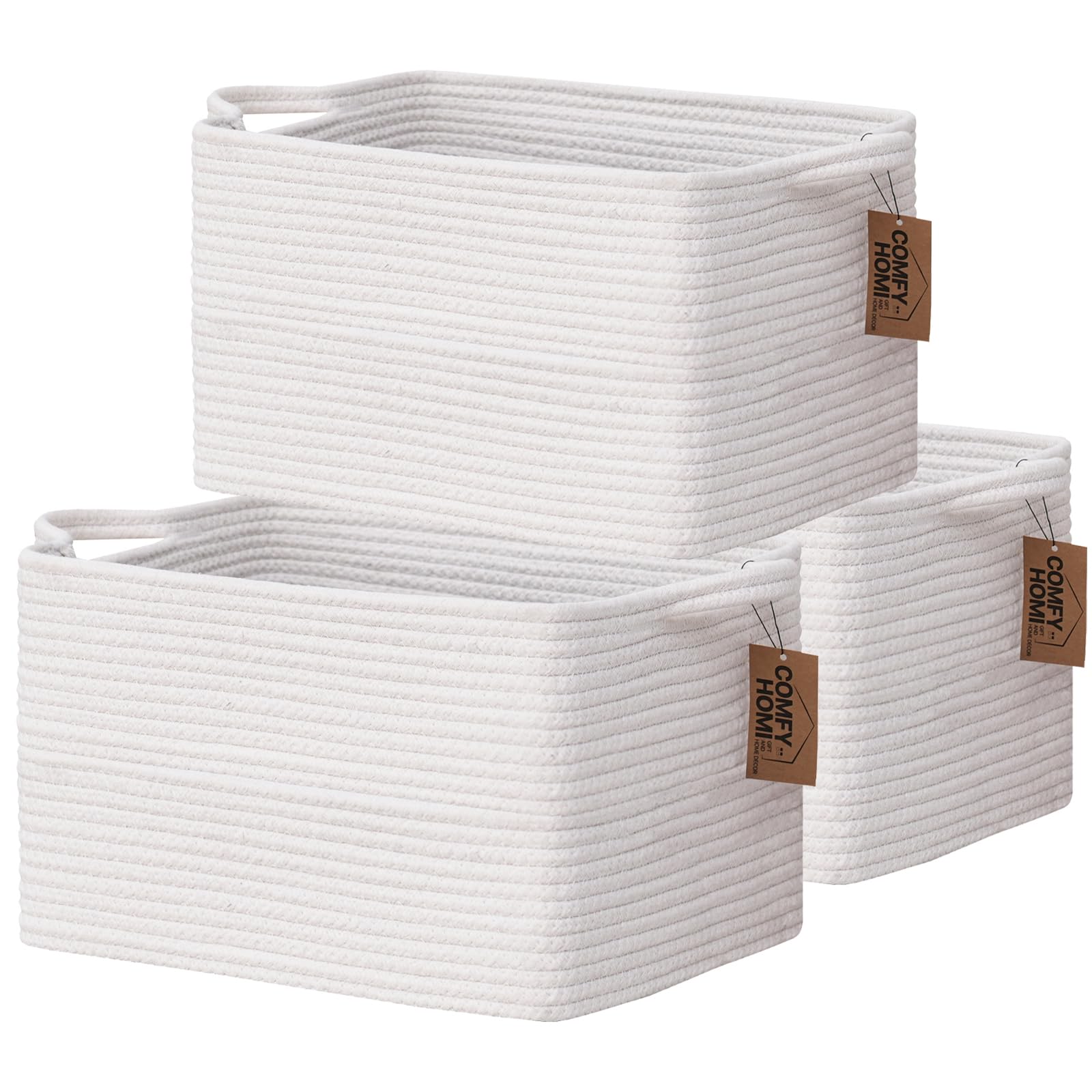 COMFY-HOMI 3PACK Cotton Rope Rectangular Storage Baskets for Living Room, Baby Room, Office (All White, 13.5" x 11" x 9.5")