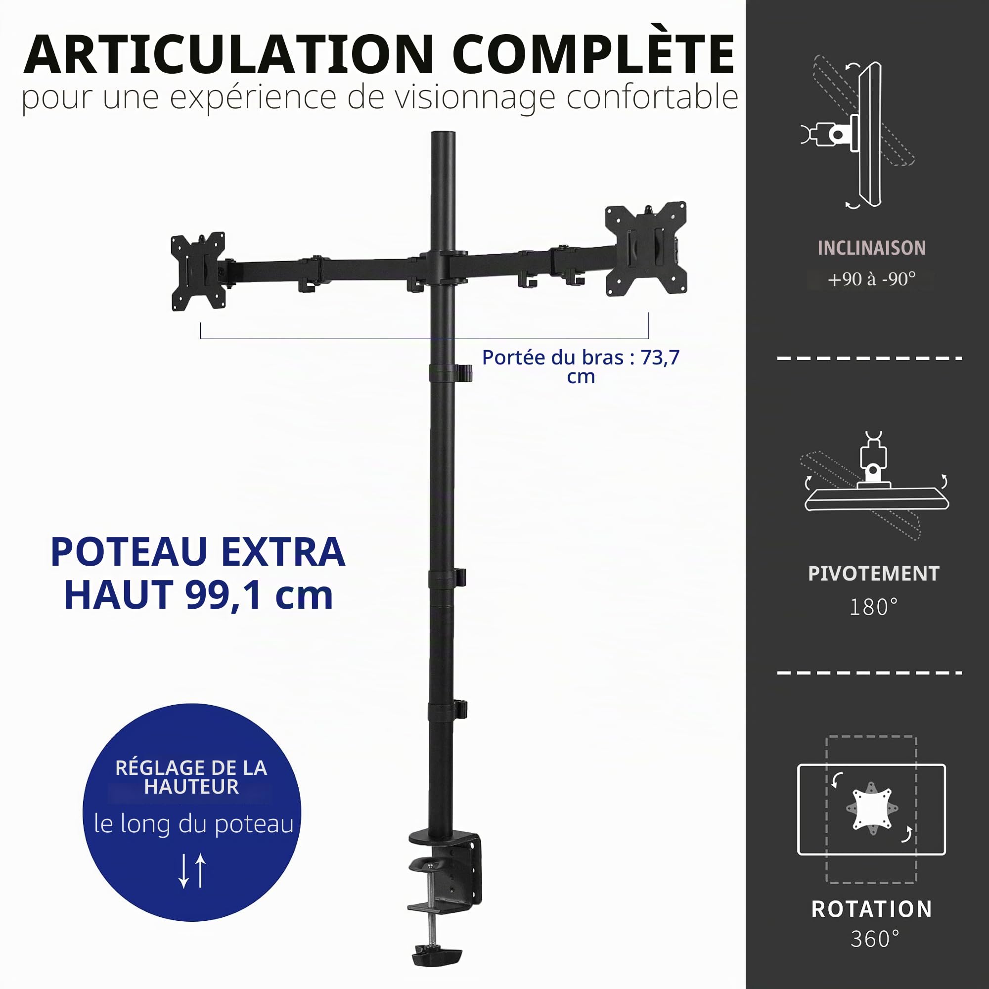 Vivo STAND-V012 Support de Bureau pour Double écran Extra Haut de 99,1 cm, entièrement réglable pour écrans jusqu'à 27", Noir
