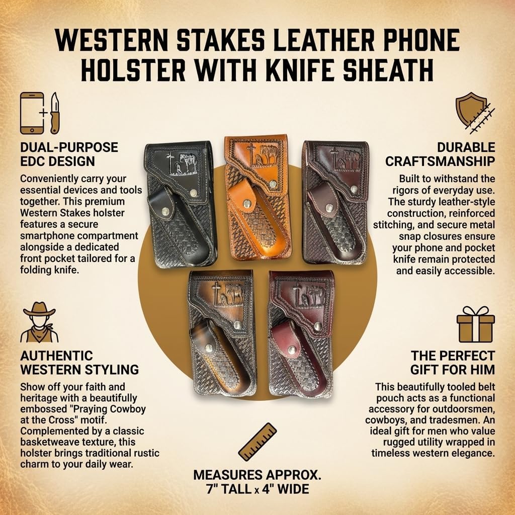 Leather Phone Holster with Knife Sheath - Praying Cowboy Embossed Belt Clip Pouch - Basketweave Pattern (Brown)