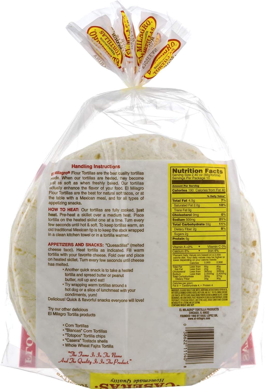 El Milagro Caseras Fajitas Tortillas de harina de calidad casera 60