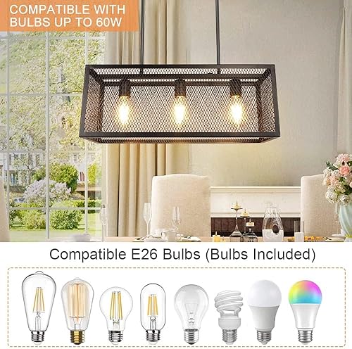 Miniatura 8 de Depuley Lámpara industrial para isla de cocina, candelabro de 3 luces, lámpara colgante de malla metálica ajustable para comedor, sala de estar,