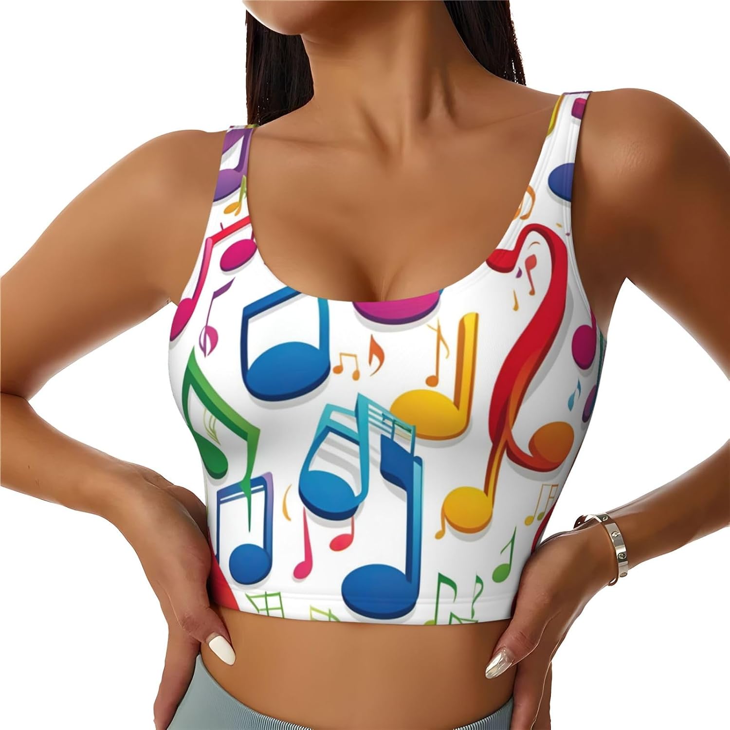 Colorful Music Notes Print Sports Bra for Women,Padded,Racerback,Perfect for Yoga,Workout and Running