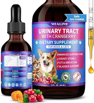 WEALLIN Cat & Dog Natural Urinary Tract Infection Treatment with Cranberry, Kidney, and Bladder Support Supplement, Support for Urinary Comfort & Bladder Flow Pet Renal Care Support Drops