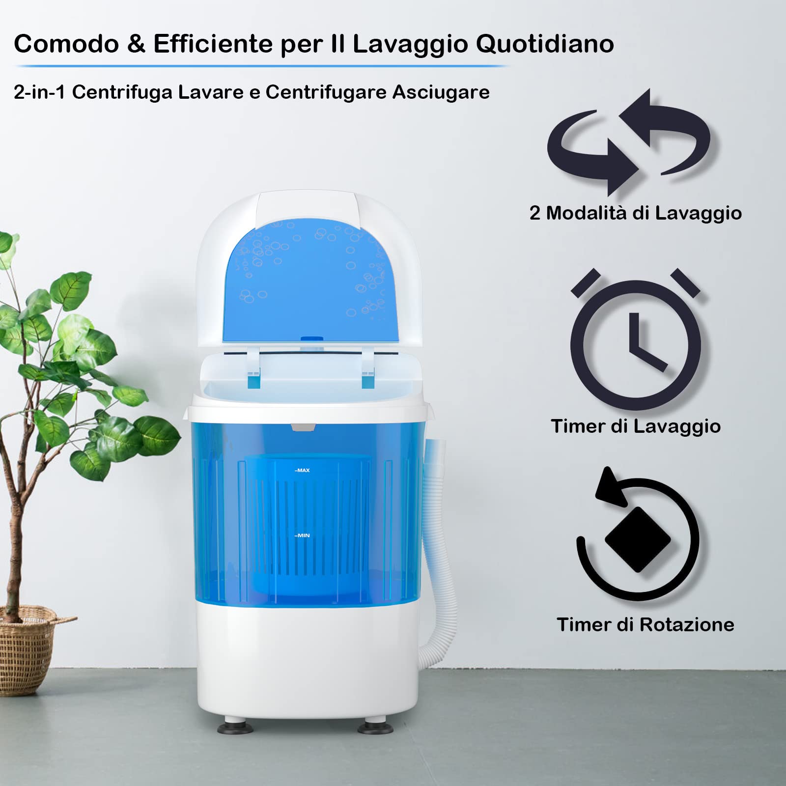 GYMAX Mini Lavatrice Portatile Con Centrifuga, Semi-Automatica da Campeggio, Capacità 2 kg, Micro da Viaggio Con Timer, a Vasca Singola, 37 x 35 x 51 cm