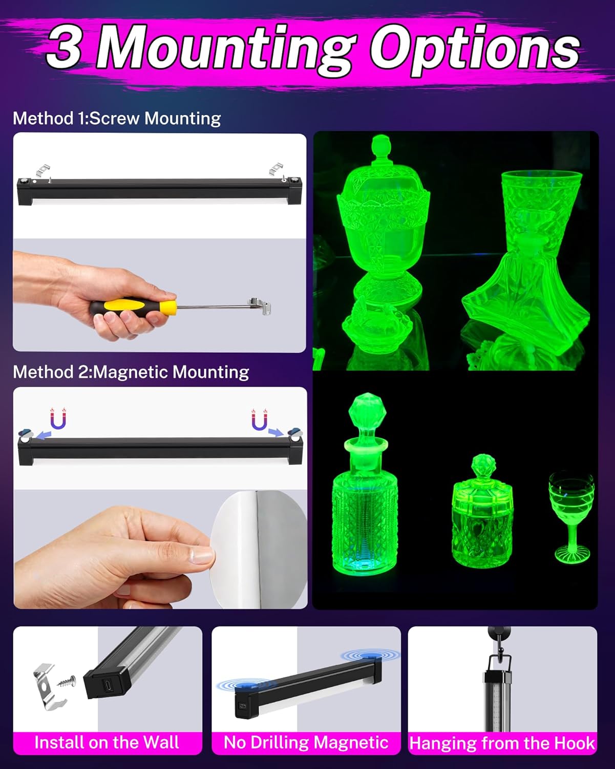 6 Pack Rechargeable Black Light Bar