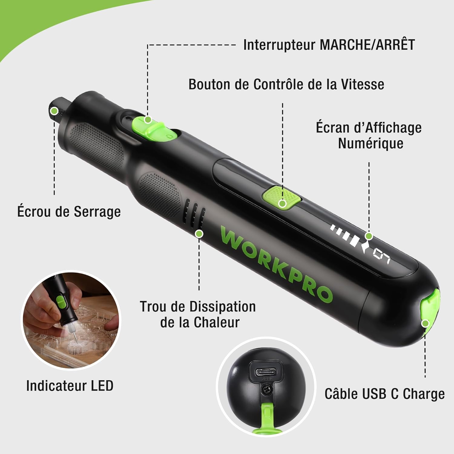 Diagram of the WORKPRO 7.2V Cordless Rotary Tool showing its main components and features.