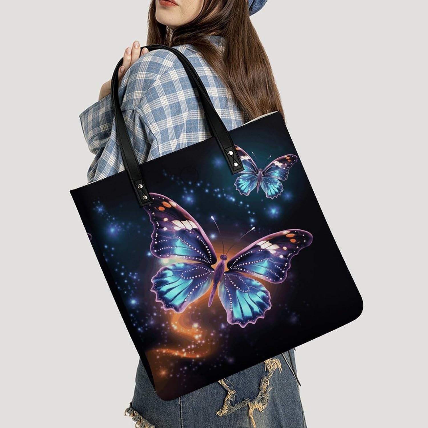 Butterfly And Stars Handbags Large Capacity, Tote Bag Stylish Slouchy, Shoulder Bags for Work Beach Travel And Shopping Grocery.