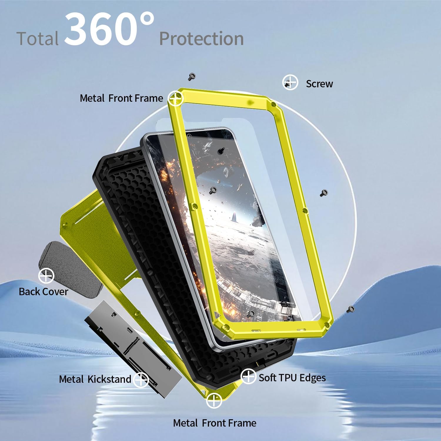 Compatible with Samsung Galaxy S25 FE Metal Case with Camera Cover Stand Gorilla Glass Full Body Hybrid Military Heavy Duty Armor Silicone Rugged Phone Cover for Man Woman (Yellow)