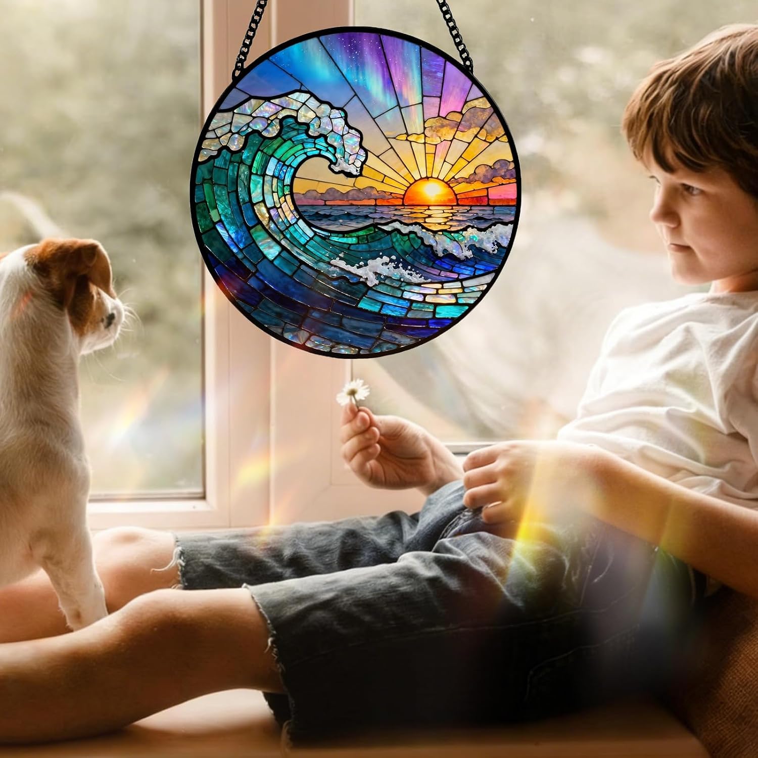 Stained Glass Window Hanging Suncatcher, 7.87″ Sun Catchers Indoor Window Stained Glass Decor, for Women Mom Grandma Waves Lovers