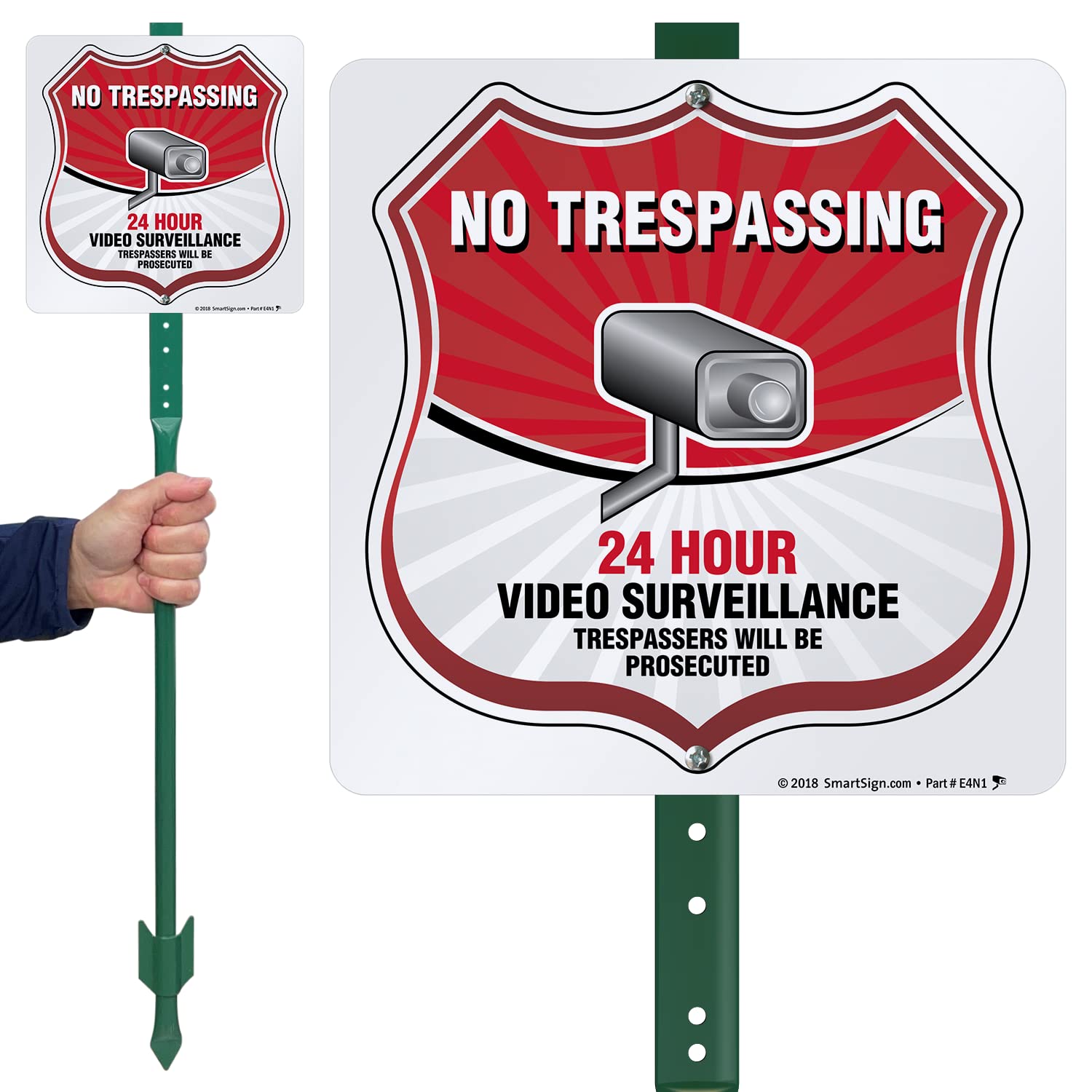 SmartSign 10 x 10 inch “No Trespassing - 24 Hour Video Surveillance, Trespassers Will Be Prosecuted” Yard Sign with 3 foot Stake, 40 mil Laminated Rustproof Aluminum, Multicolor, Set of 1