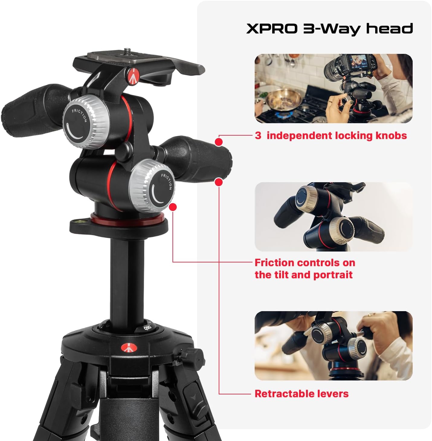 Manfrotto ONE Photo, Aluminum Tripod Kit, with XPRO 3-Way Head, 26.4 lbs Load, 90° Horizontal Column, XTEND Legs Fast Setup, Modular Feet, Professional Photo Tripod Kit for DSLR & Mirrorless Cameras