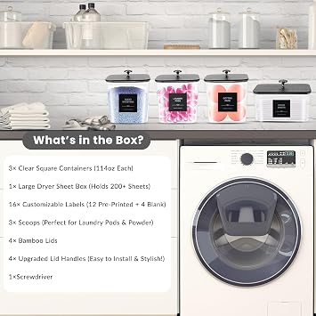 4 Pack Laundry Pods Container & Dryer Sheet Holder - Clear Plastic Laundry Room Organization Storage Containers with Black Lids, Scoops & Labels for Detergent Pods, Powder, Washing Beads