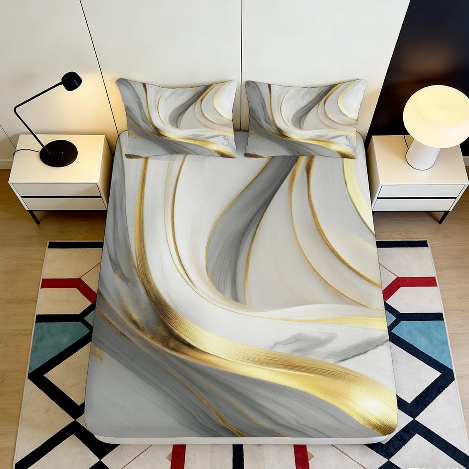 3D Printed Marble Gold Fitted Sheet Microfiber Soft Breathable Swirl Bed Cover for Bedroom Dormitory Guest Room Mattress Protection Decor 180x200x25cm