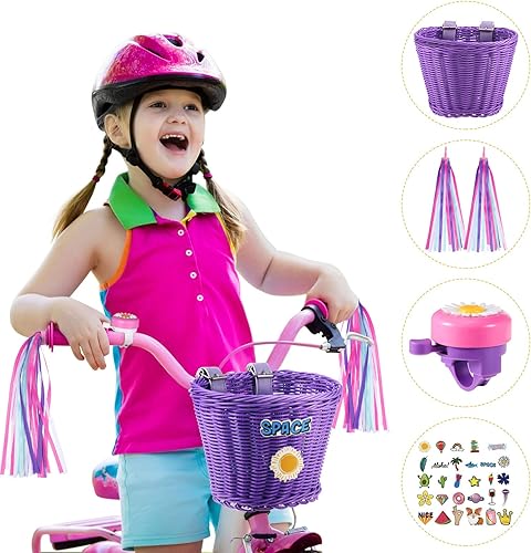 Miniatura 9 de Set de banderines para bicicleta para niños, cesta de mimbre para manillar de bicicleta con colores y campanas de bicicleta y calcomanías, kit de
