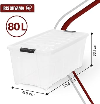Iris Ohyama, Large Plastic Storage Boxes with Lids, 80L, Set of 4, Clear, Latching Buckles with Handles, Stackable, Nesting, Strong & Durable, For Bedding, Closet, Home, Organising Tote Bins, TB-84D