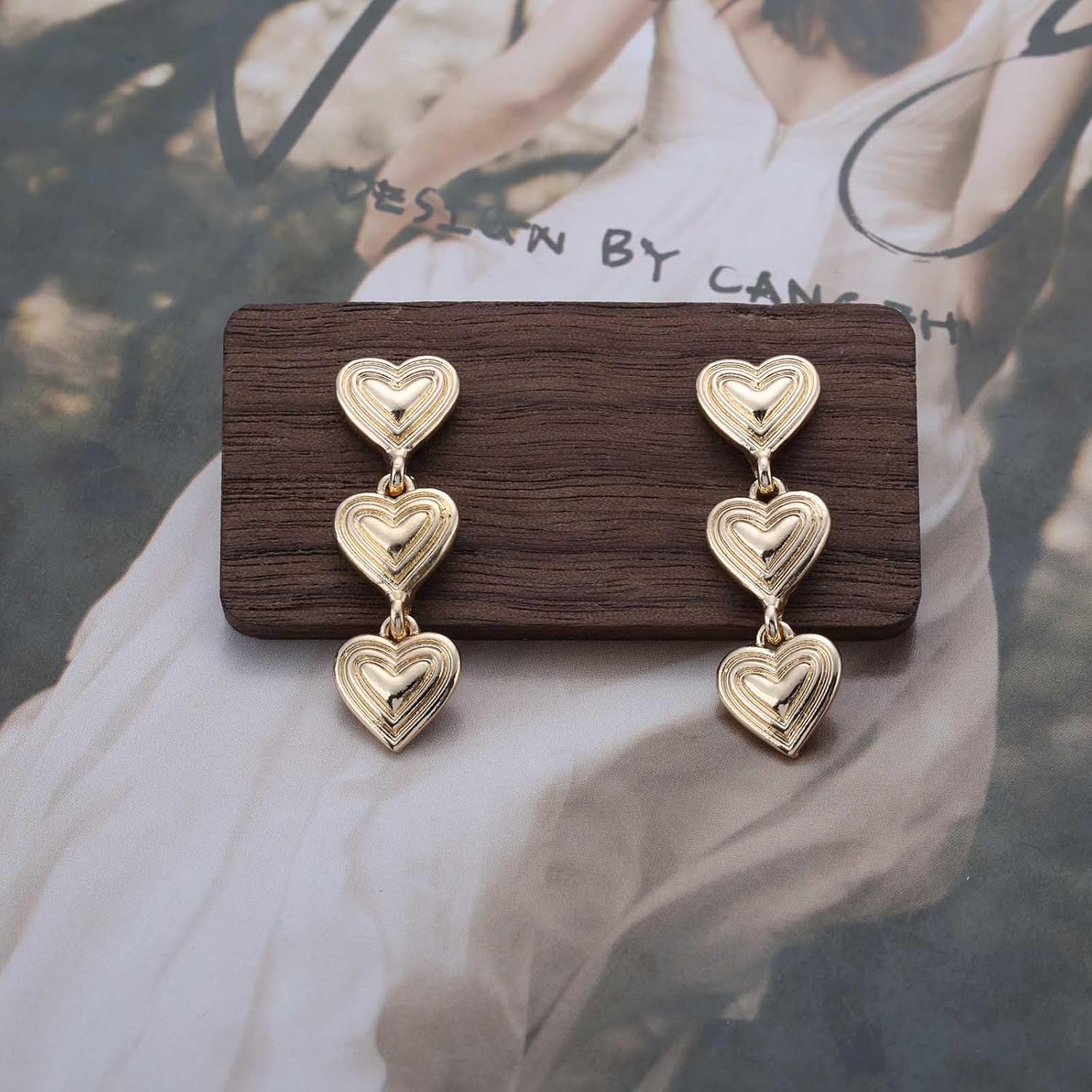 Vintage Metal Heart Dangle Drop Earrings Gold Triple Heart Dangle Earrings Metal Heart Earrings Long Heart Shaped Earrings Triple Heart Love Earrings Jewelry for Women - Image 3