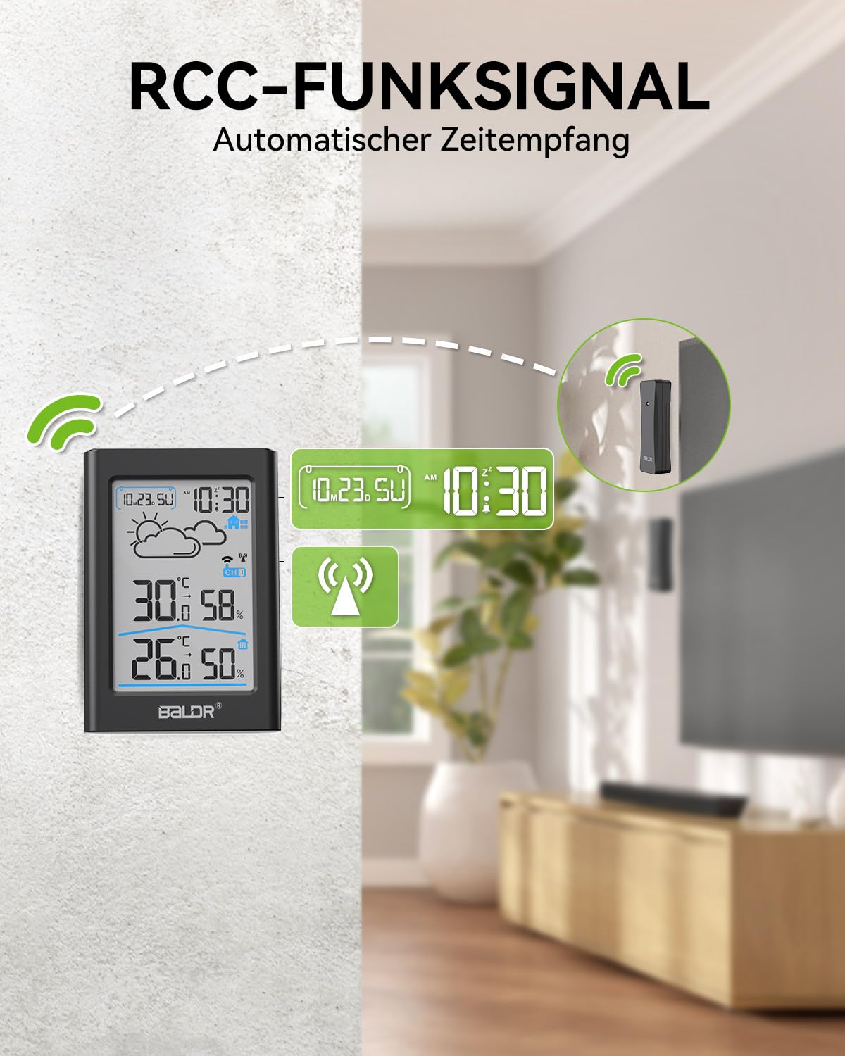 Besuche den Baldr- BALDR Wetterstation Funk mit Außensensor, Digital DCF-Funkuhr Thermometer Innen Außen, Temperaturanzeige Funk, Raumthermometer, Hygrometer, Wettervorhersage, Uhrzeitanzeige, Wecker, 3.7 Zoll Display in use
