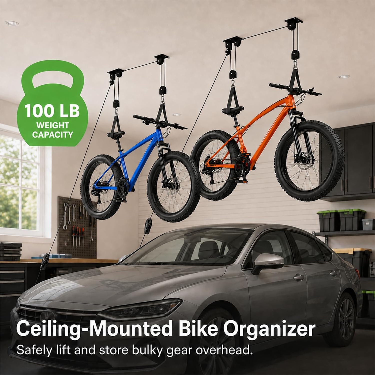 2 Pack Bike Hoist Ceiling Mount Ebike Lift Garage Overhead Storage