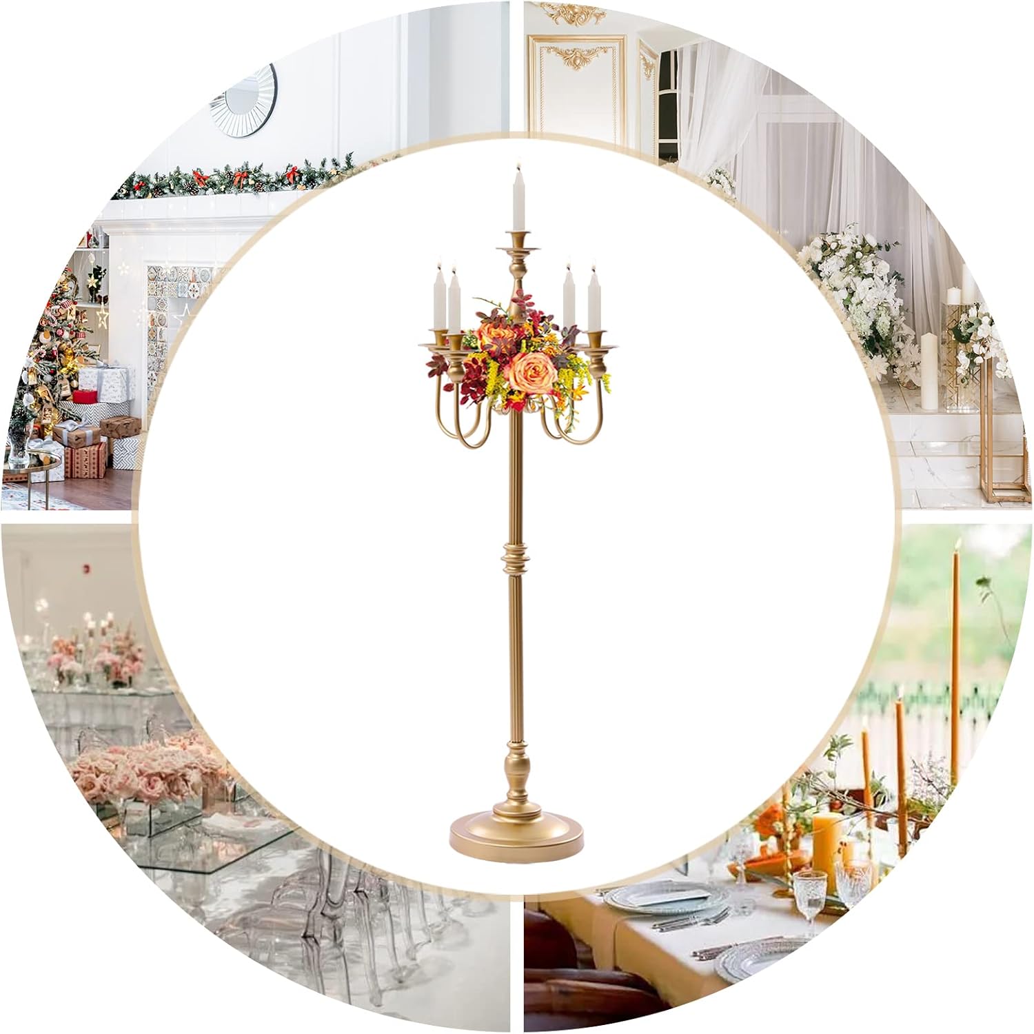 Candelabra Gold Candle Holders Set of 1 Metal Candelabra Centerpieces 5 Arm Wedding Candlestick Holder Taper Candle Holders and Floral Metal Candle Holders Decor Dining Room Birthday (50inch 1psc)