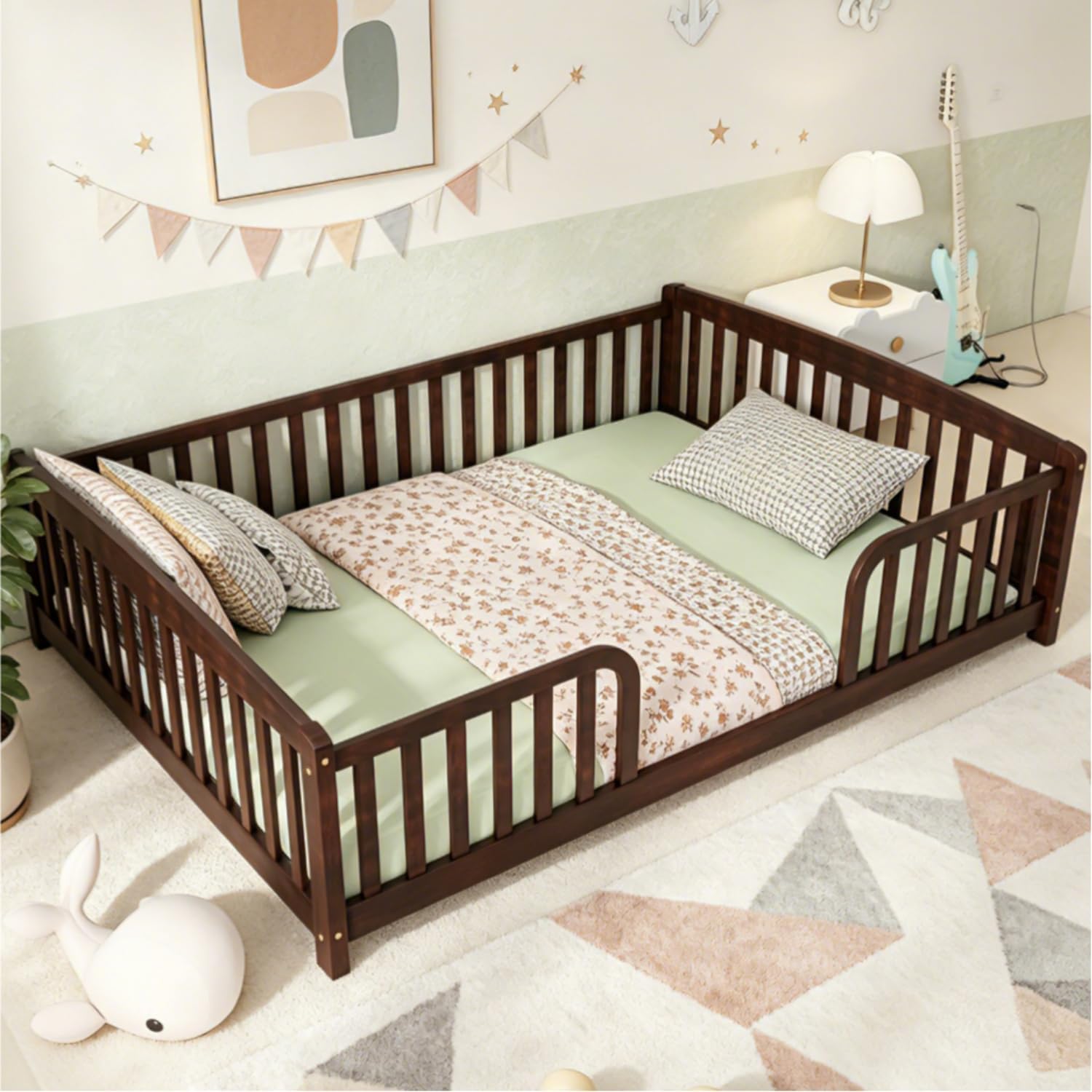 Bellemave Montessori Floor Bed Full with Central Entrance and Full Surrounding Guardrails, Low Pine Wood Full Size Floor Bed Frame for Kids, Girls, Boys, No Box Spring Needed, No Slats, Espresso