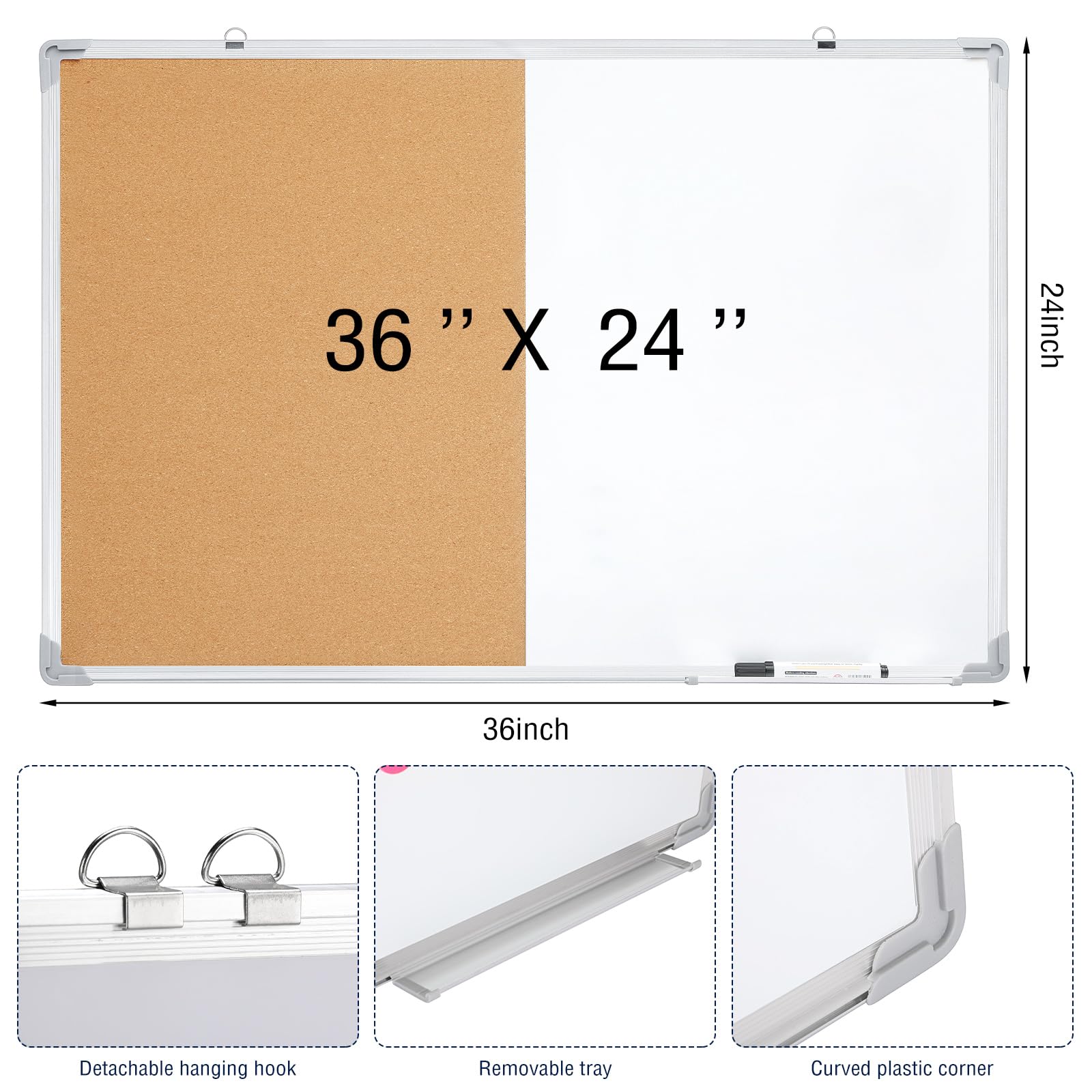 Qilery 3 Pack White Board and Cork Board 36 x 24 Inches Combo Dry Erase Board with Cork Board