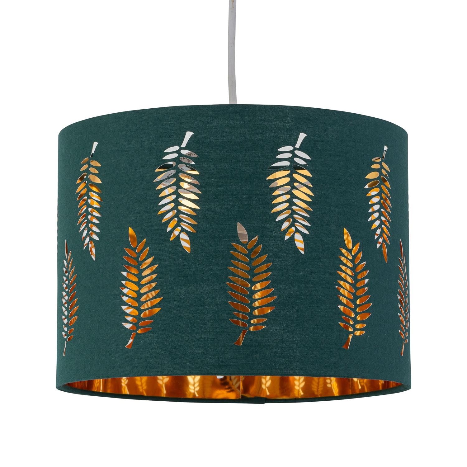 Dark Green Pendant Shade, Easy Fit Ceiling Lightshade, Fern Leaf Cut Out Design, Diameter 25cm