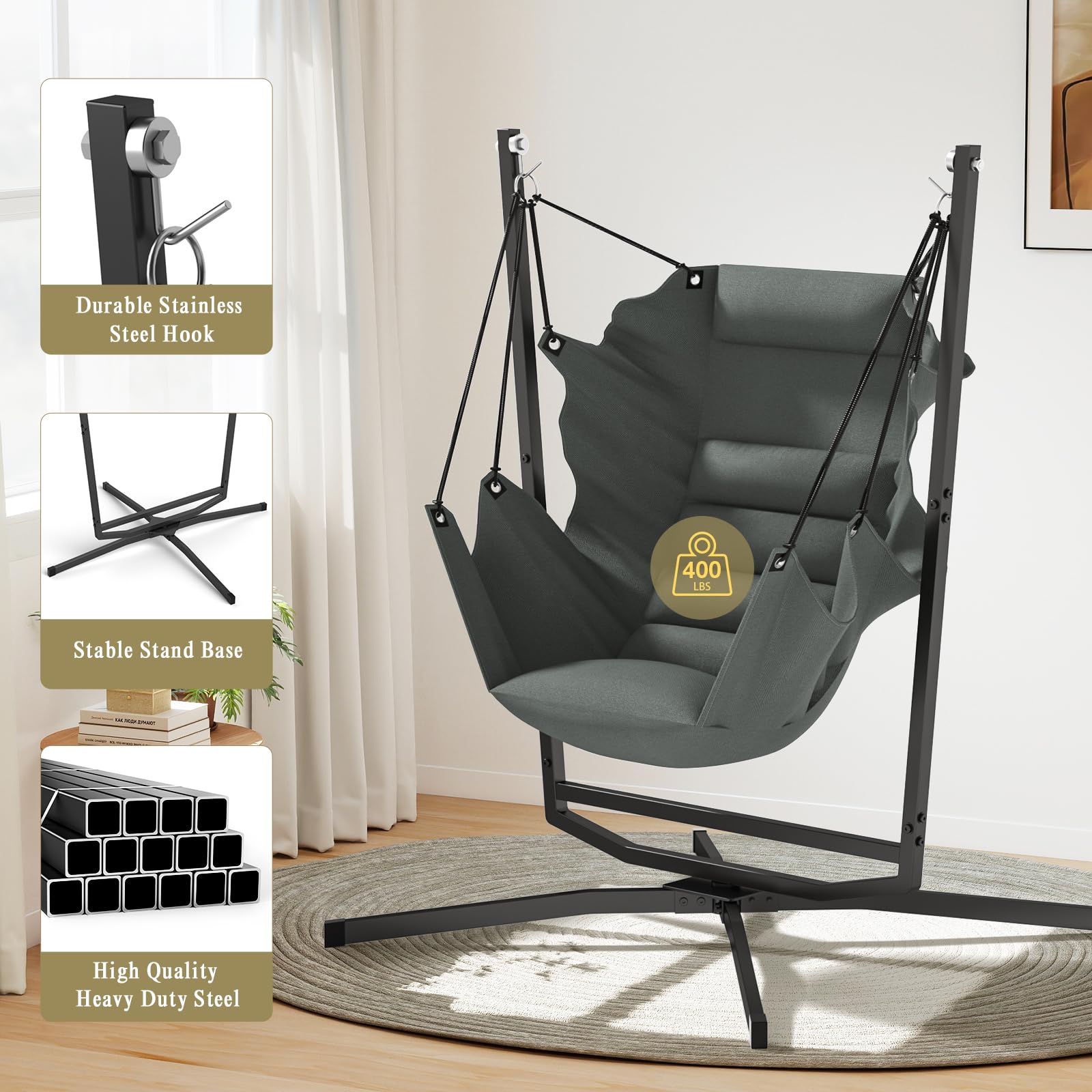 Fauteuil suspendu avec coussin, charge maximale de 180 kg, avec structure, pivotant à 360°, pour l'intérieur et l'extérieur, pour chambre à coucher, terrasse, véranda, terrasse, jardin, balcon (gris)