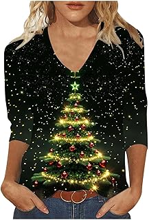OVARA Christmas Tops for Women V Neck Xmas Jumpers Ladies 3/4 Sleeve Christmas T Shirts Stylish Casual Xmas Printed Tunic Blouses for Holiday Party Going Out