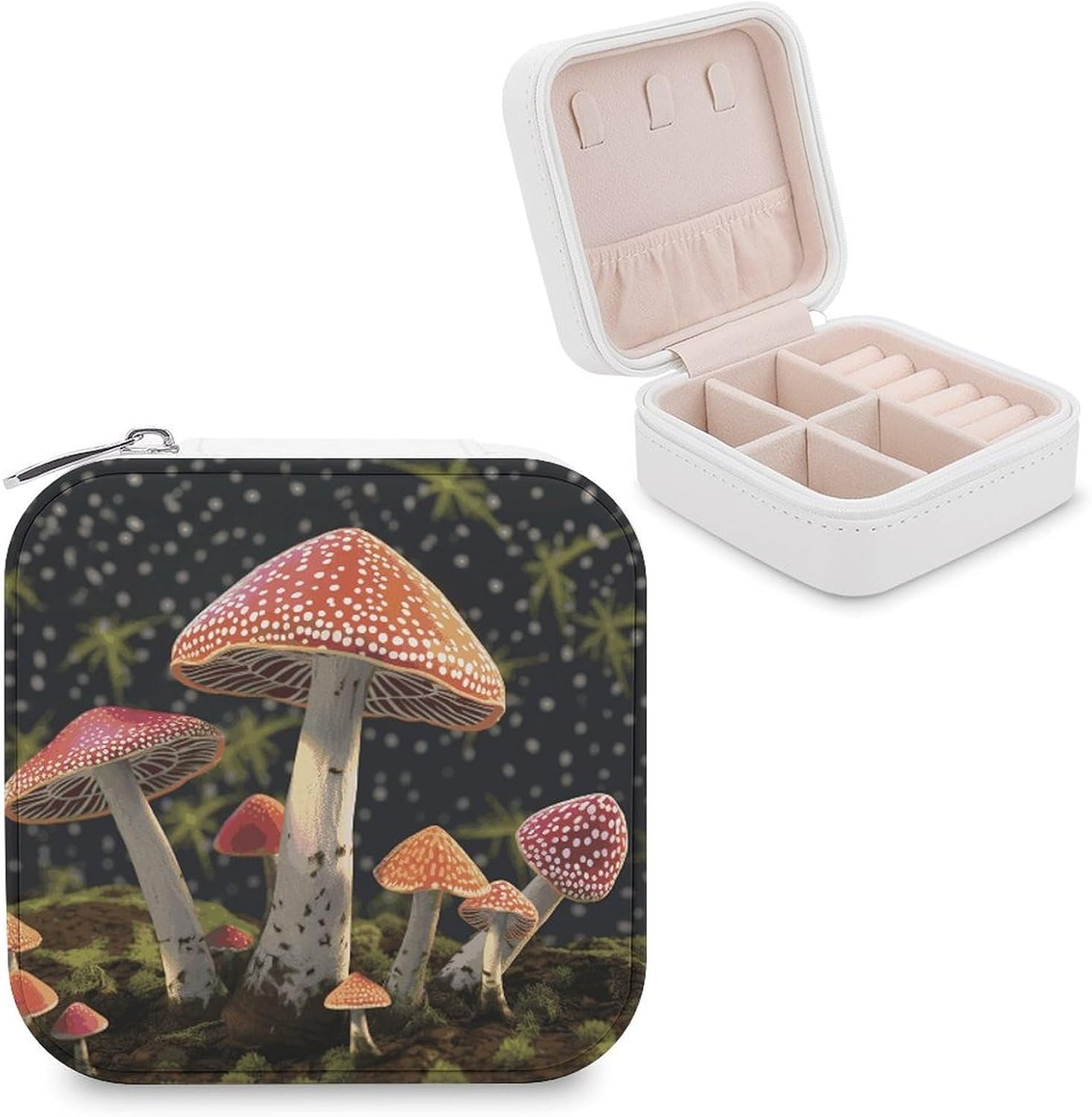 Travel Jewelry Box for Women Waterproof PU Leather Mushroom Jewelry Organizer Tangle Free Portable Storage Holder Case for Necklace Pendant Bracelet Ring Watch Earring Bangle
