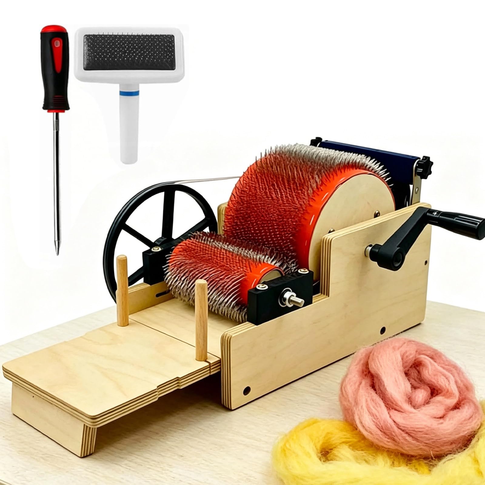 ZyKnaurral Wide Drum Wool Carding Machine, Dual Rollers Fiber Carder, Hand Crank Manual Drum Carder with Even Fiber Distribution, Fast Color Blending Fast Color Mixing, Combing, Spinnings 12cm