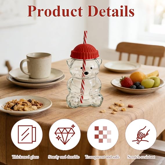 Cute Bear Straw Cup, Thickened Glass Coffee Cup with Lid, Glass Tumbler with Straw for Hot and Cold Drinks for Office and Home for Kids and Adults