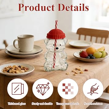 Cute Bear Straw Cup, Thickened Glass Coffee Cup with Lid, Glass Tumbler with Straw for Hot and Cold Drinks for Office and Home for Kids and Adults