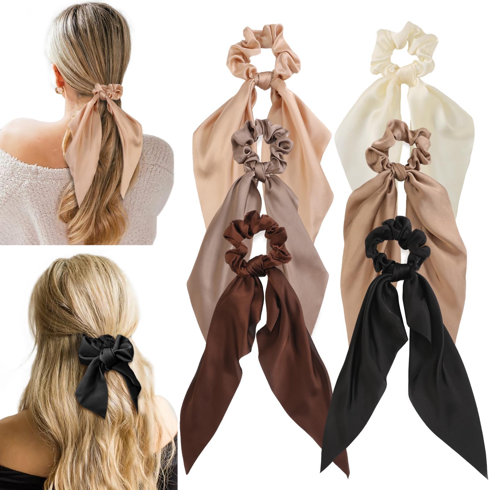6 PCS Bow Silk Scrunchies, Hair Ties with Bows, Hair Scrunchies for Women Girls, Knotted Bows Silk Hair Ties, Satin Hair Ribbon Elastic Hair Tie