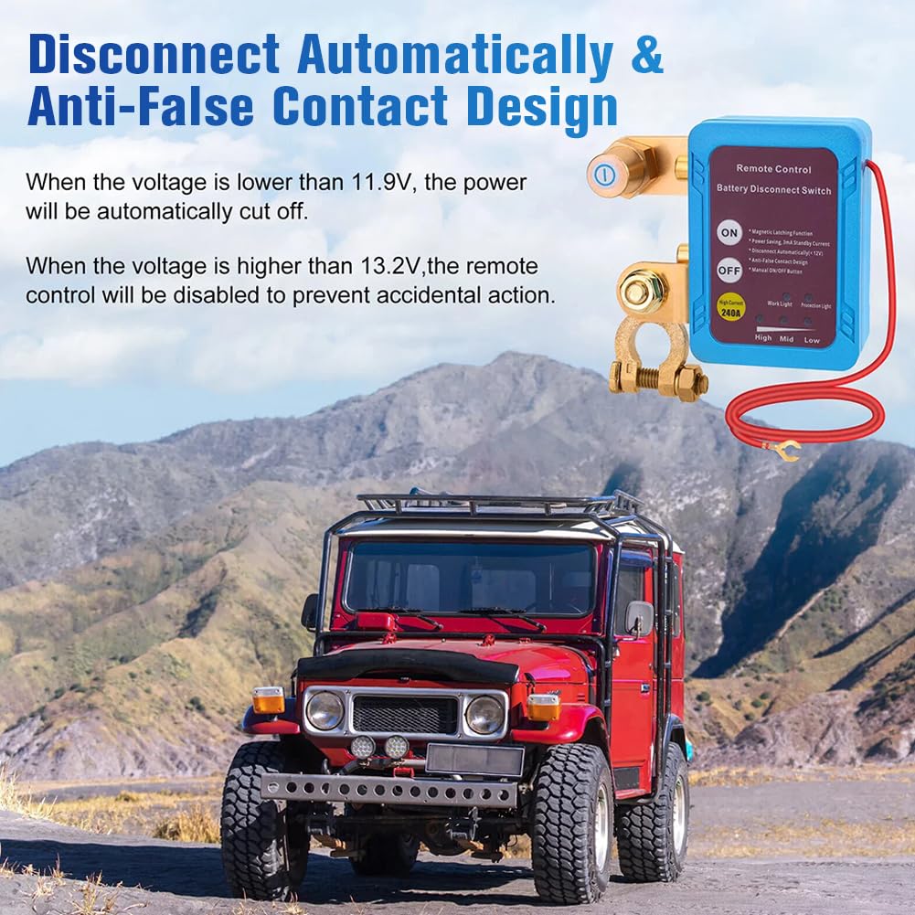 Battery Disconnect Switch 12V 240A, Car Battery Disconnect Relay Wear Resist Automatic Power Shut Off Switch Low Voltage Protect Master Cut-Off Switch for Boats RVs Trailers Motorcycles