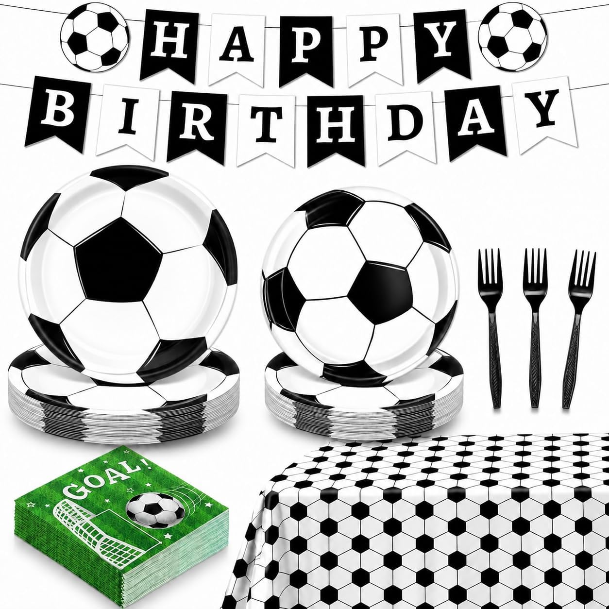 LINHAXM Soccer Birthday Party Decorations Includes Plates, Napkins, Forks, Banner, Tablecloth for Sport Soccer Party Decorations, Serves 24