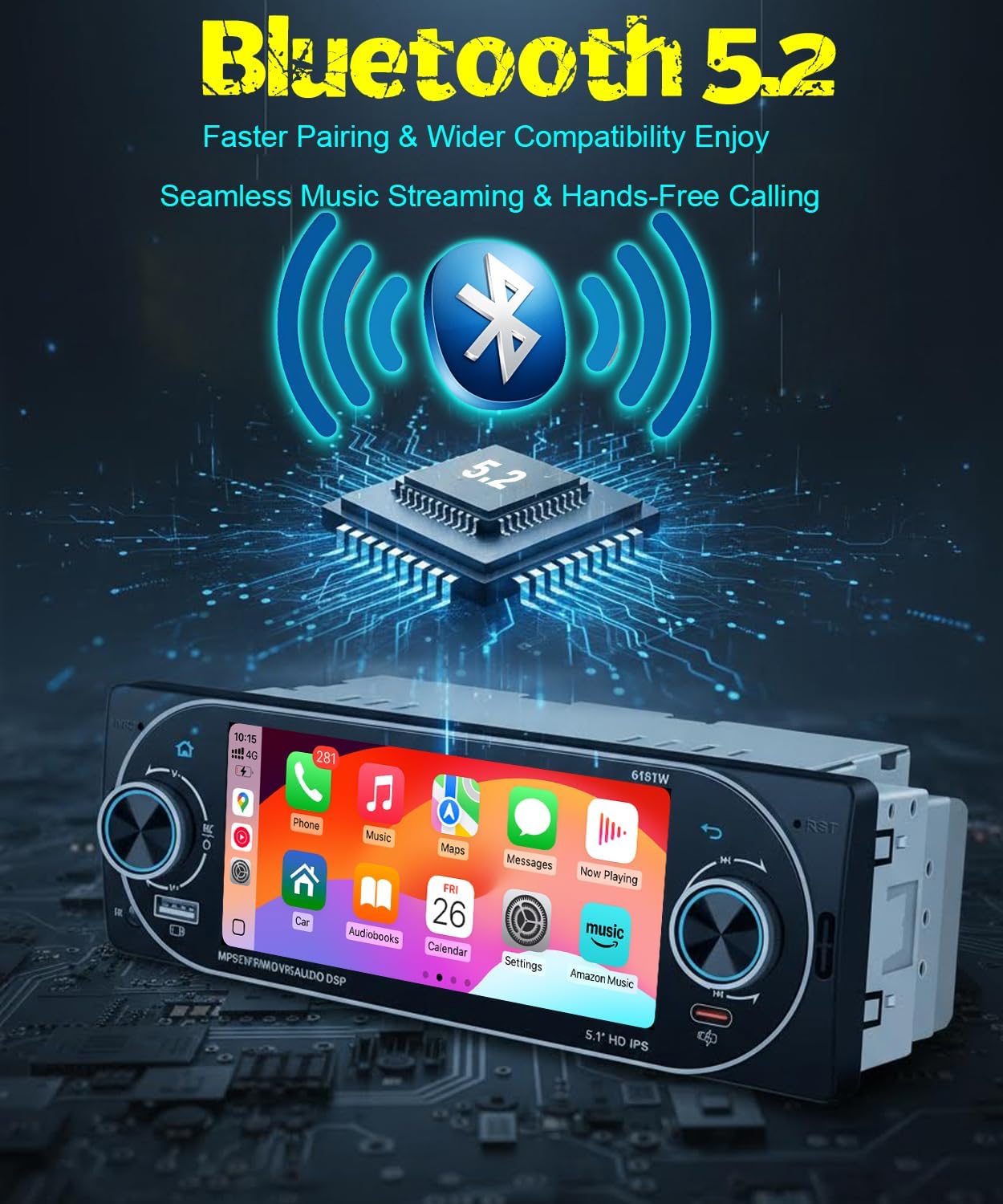 5.1" Single Din Car Stereo Wireless Apple CarPlay Android Auto, IPS Touchscreen Car Radio Bluetooth 5.2, FM/AM/RDS, USB Type-C Fast Charging, 4×45W Car Audio, Backup Camera, Fits Most Single DIN Cars