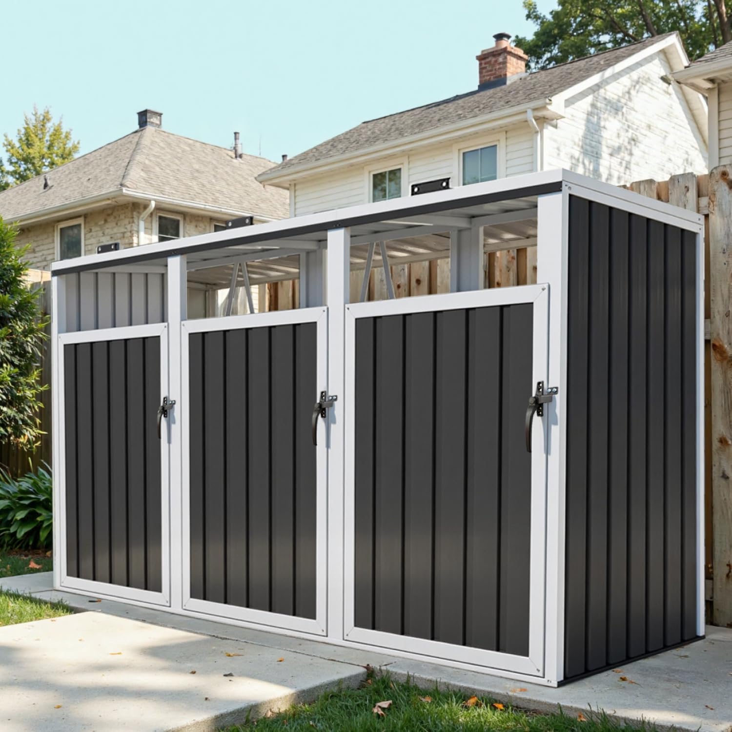 7.3' x 2.7' Metal Storage Shed Outdoor, Waterproof Garbage Can Enclosure for Three 50-Gallon Cans, Perfect for Garden, Backyard, Poolside and Lawn