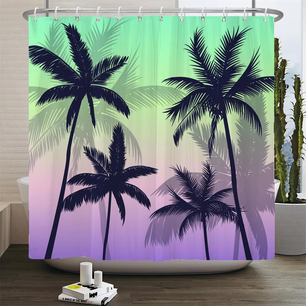 Tenda da doccia con stampa 3D di paesaggio spiaggia al tramonto e palme, in poliestere impermeabile, ideale per l'arredamento di casa o il bagno, con ganci inclusi (220x183 cm/LxA)
