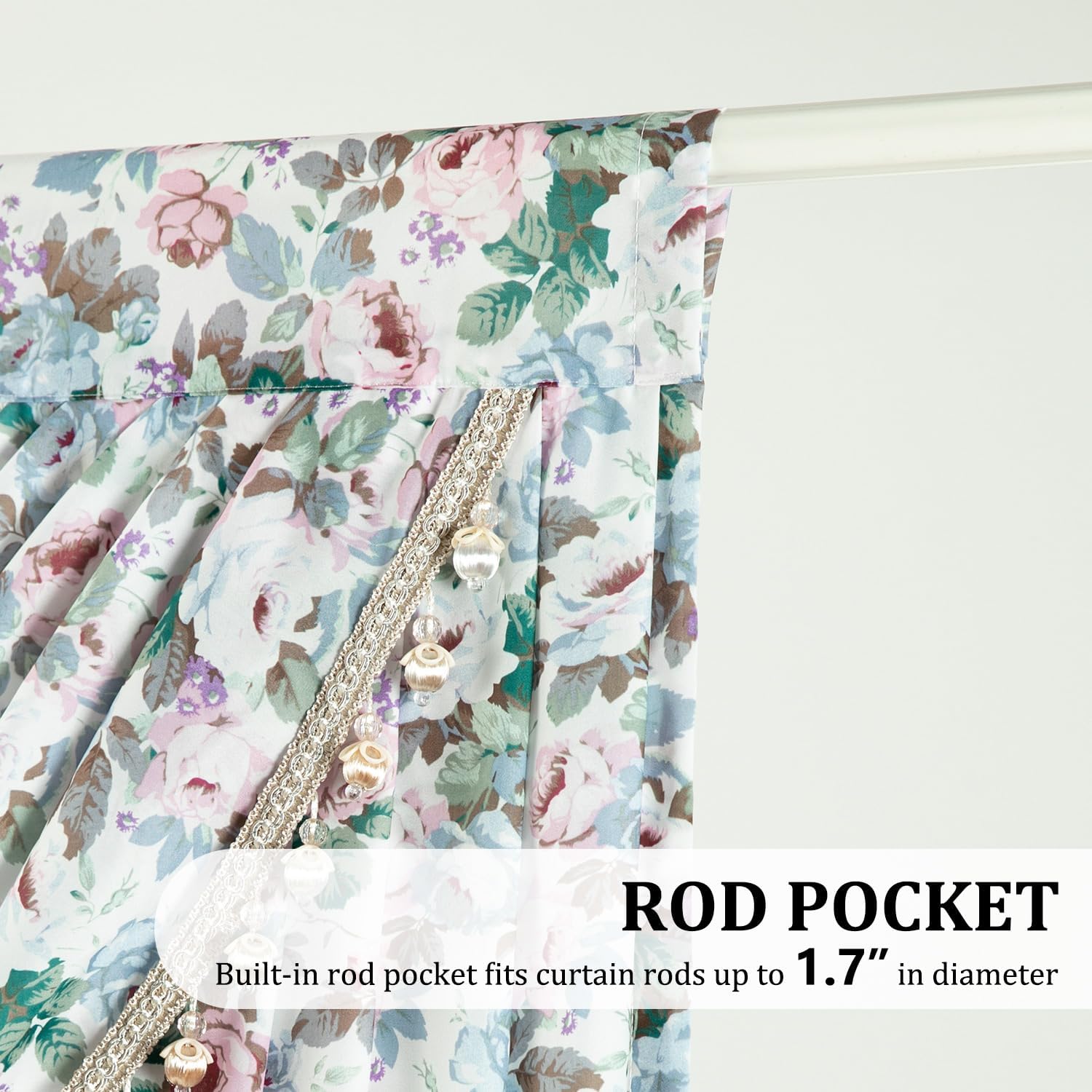 Leeva Farmhouse Voile Waterfall Valance, Vintage Blooming Floral Print Sheer Curtain Toppers with Bead Tassels, 39” Wide Swag Valance for Living Room Bedroom Windows, Pink & Blue