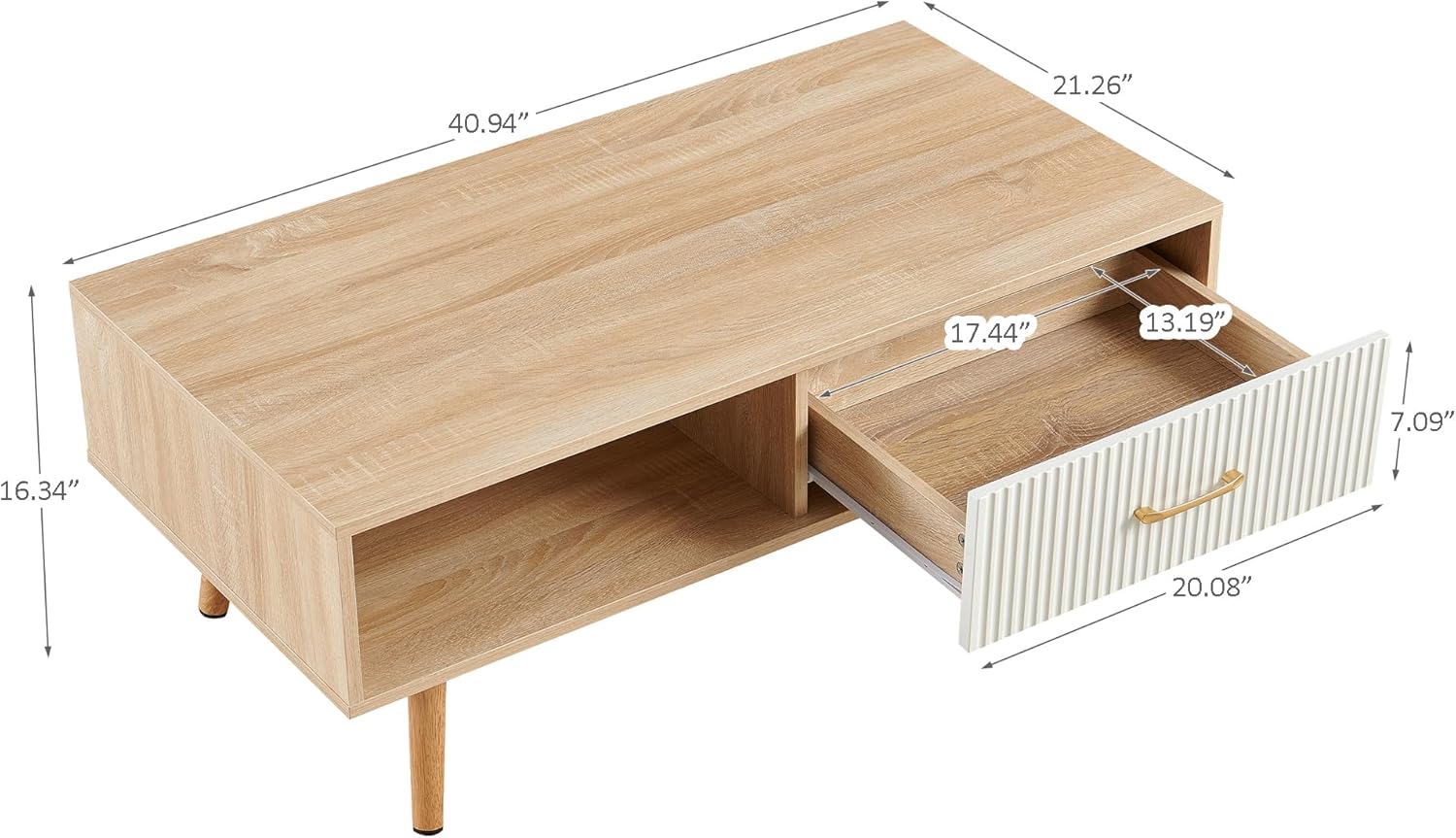 Mid Century Wooden Coffee Table with Stripe Drawer，Modern 41" Large Center Table with Storage，Rectangular Light Wood Coffee Tables for Living Room, 2-Tier Cocktail Table, Solid Wood Legs