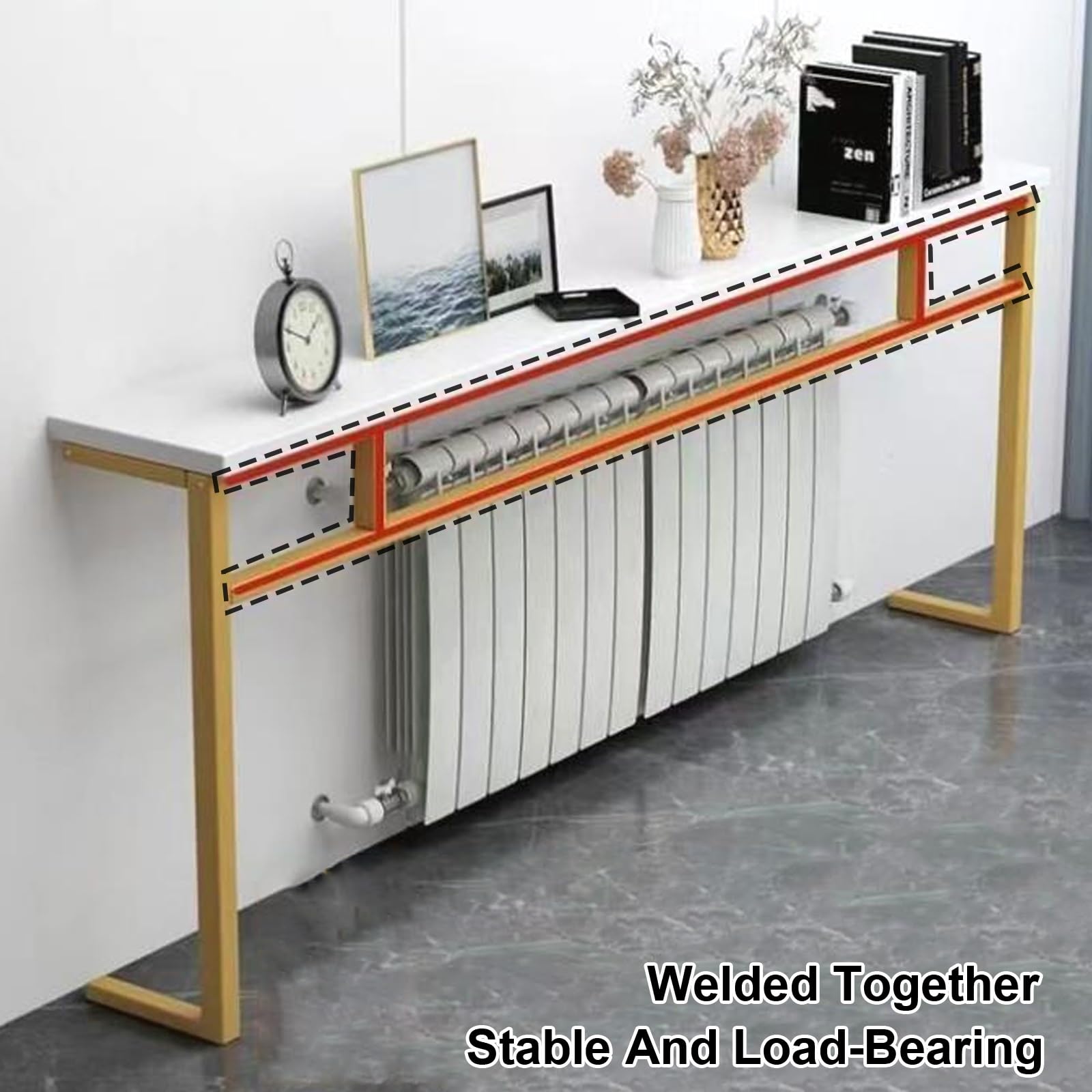 Cubierta de radiador sin perforación, estante de almacenamiento de metal para sala de estar y cocina, carga máxima de 30 kg, elegante protección del radiador, 120 x 15 x 90 cm