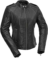 Vista 1 de First Mfg Co - Chaqueta de motociclista para mujer, estilo Biker, de piel negra - Talla grande - Con bolsillos de armadura en la parte trasera
