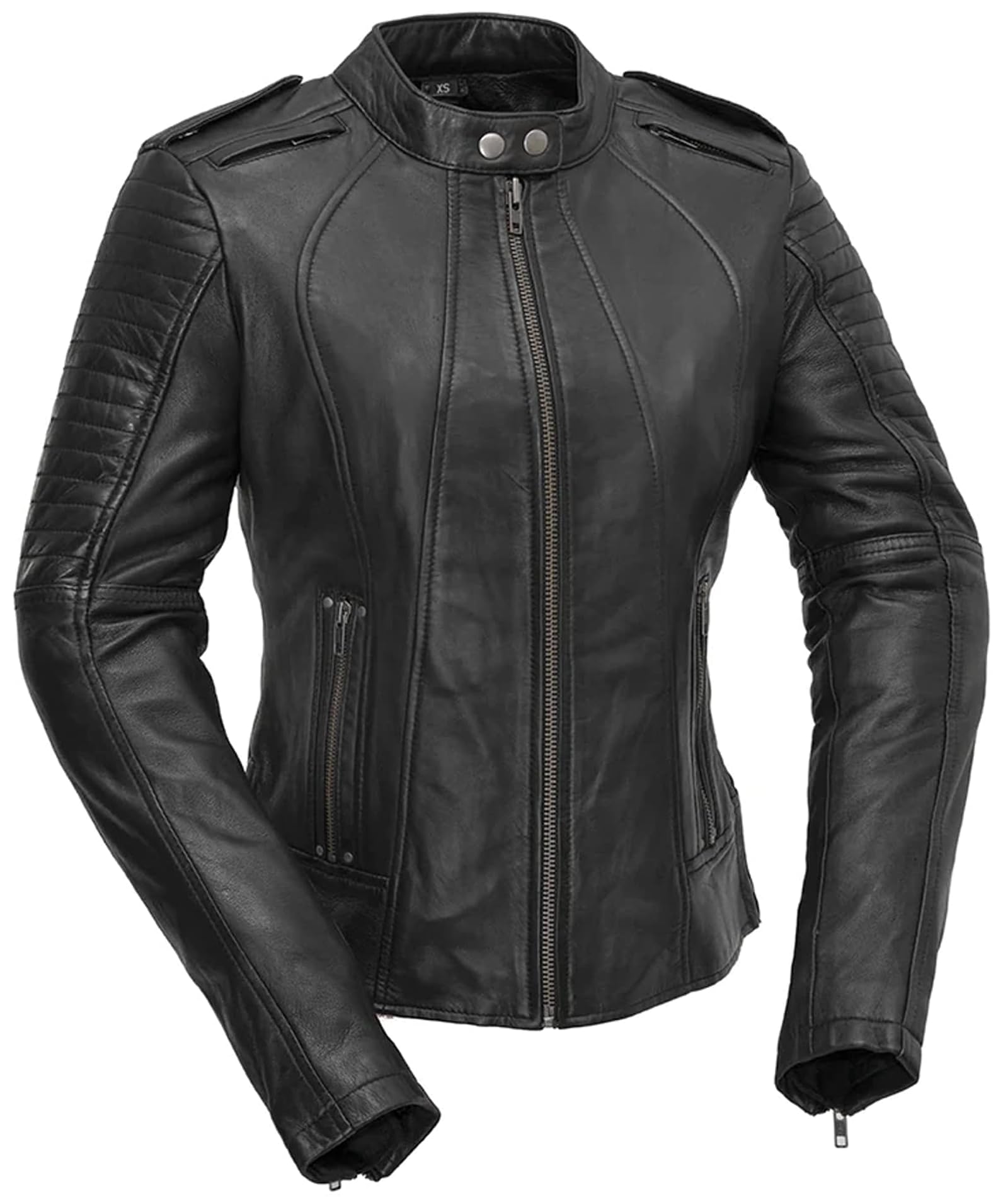 First Mfg Co - Biker - Womens Motorcycle Biker Riding Black Leather Jacket - Large - Action Back