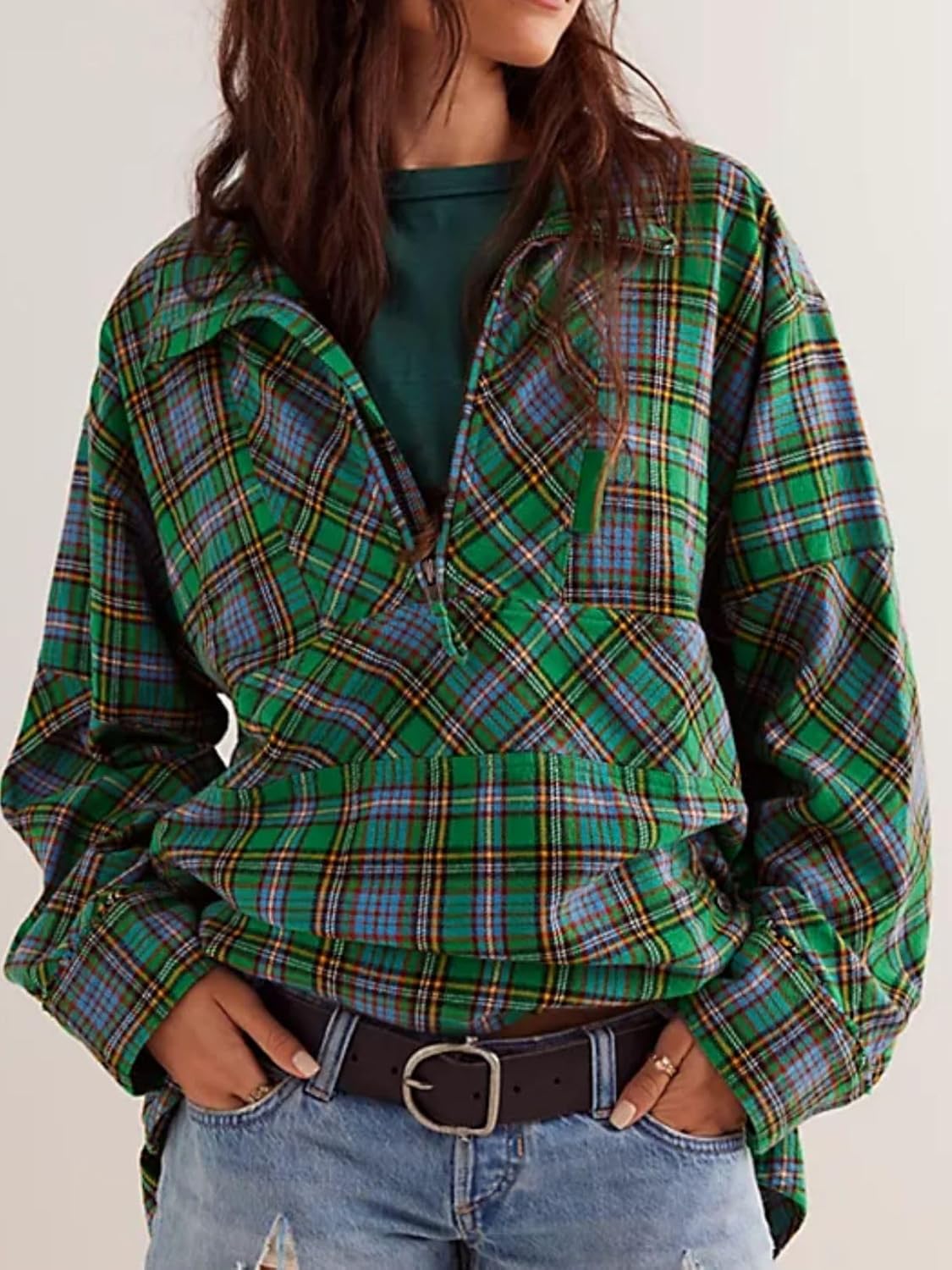 Women's Long Sleeve Lapel Half Zip Up Sweatshirt Plaid Loose Fit Casual Pullover Top with Pocket 5 71GoNsIYSuL. AC SL1500 Influencerstyle.co