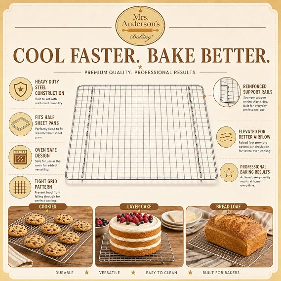 Mrs. Andersons Baking Professional Half Sheet Baking and Cooling Rack, 16.5 x 11.75-Inches, Set of 2