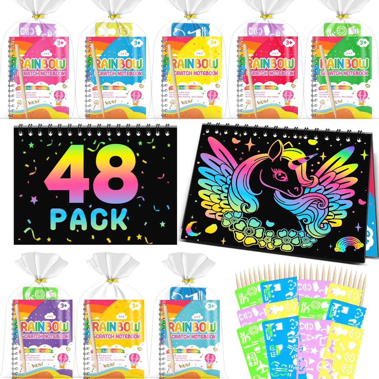 Scratch Art Bambini - Gadget Compleanno Bambini, 48 Set con Quaderno da Grattare, Stencil e Penne in Legno, Regalini Fine Festa Compleanno, Lavoretti Creativi per 3-12 Anni