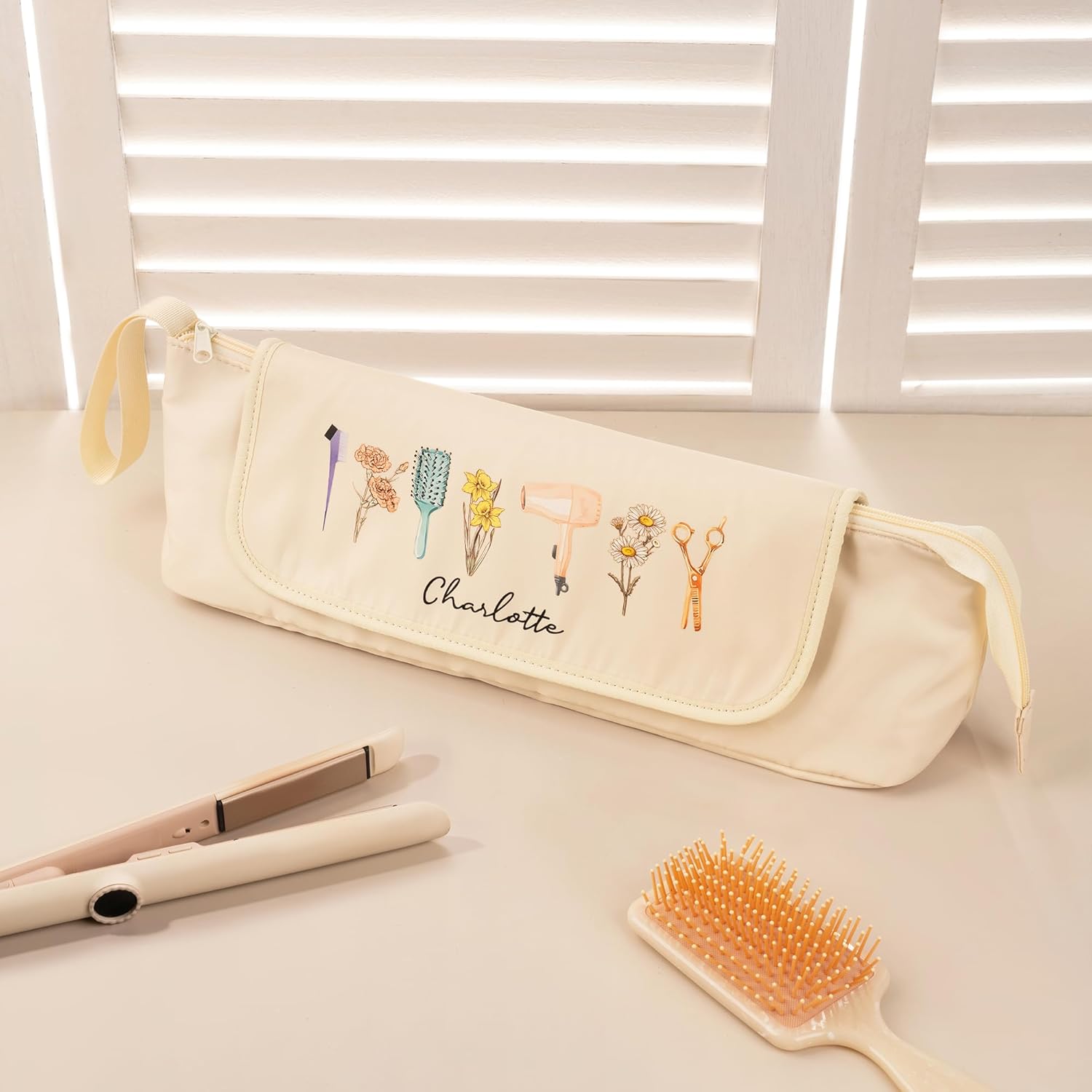 callie Custom Hair Tools Travel Bag, Personalized Portable Hair Accessories Organizer Case Storage Pouch with Heat Resistant Mat, Birth Flower Gifts for Women Men, 18" x 4.7" × 5.9"