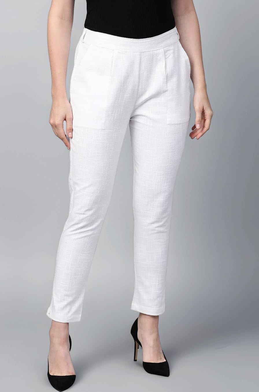 Women's Regular Fit Mid Rise Solid Cotton Slub Ankle Length Regular Trouser Pant