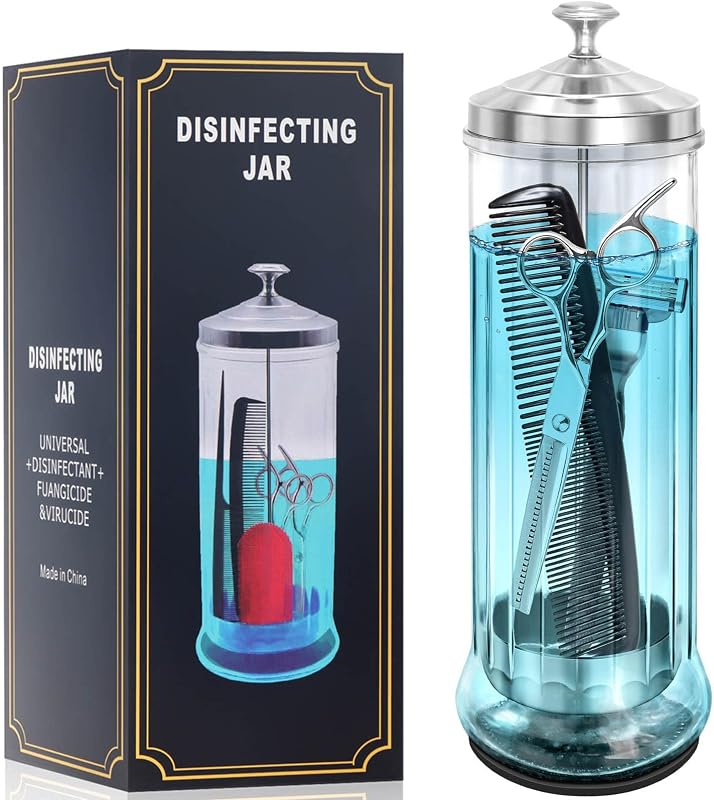 Glass Disinfectant Jar with anti-slip pad 53 Oz/1500ML, Barber Disinfectant Jar With Removable Basket, Large Sterilizing for Manicure & Pedicure Implements Stainless Steel 11.7"H x 3.8"W