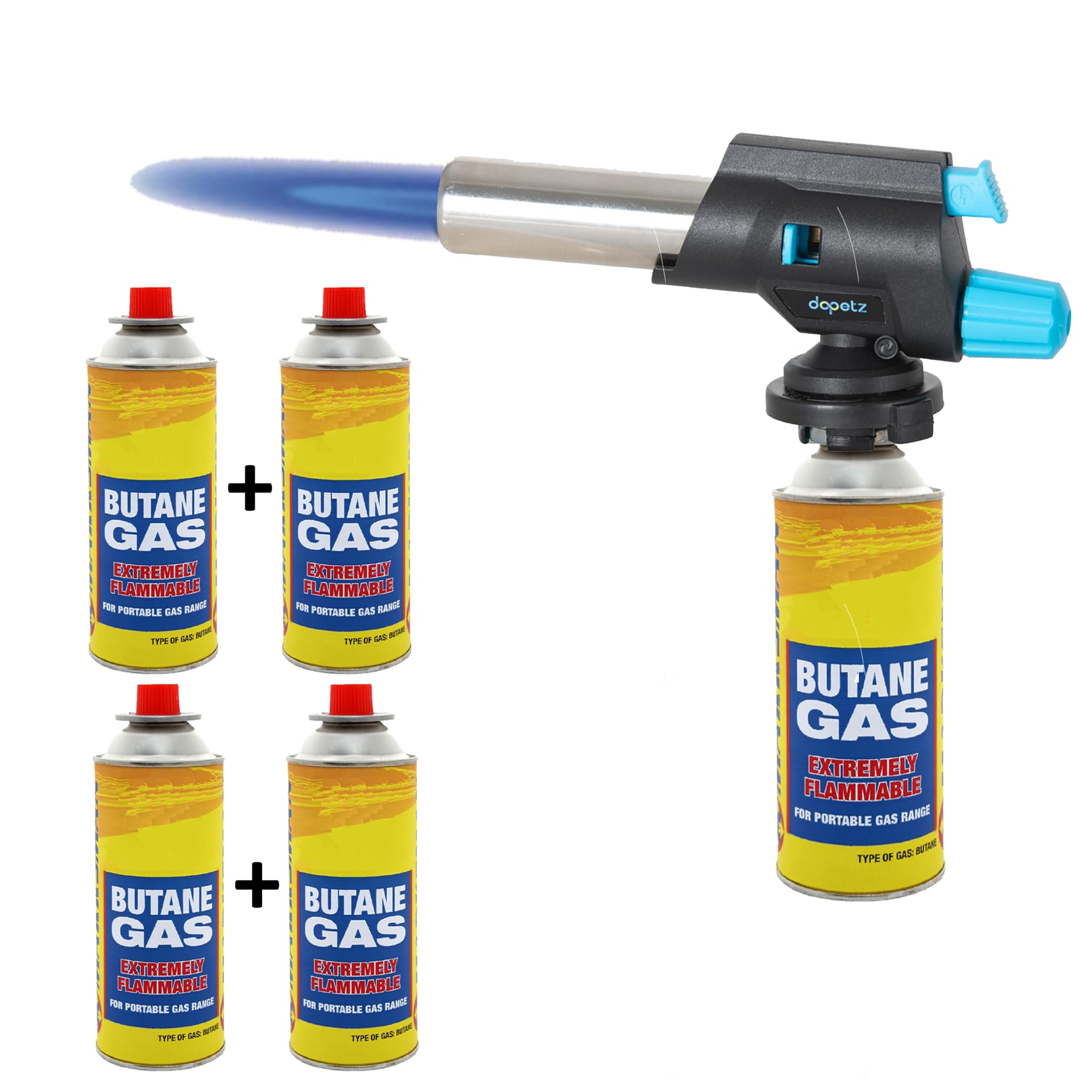 Dapetz ® Blow Torch with Butane Gas Bottles - for Camping, Cooking, Kitchen, BBQ, Desserts, Creme Brulee | Refillable Welding Refill Auto Ignition Soldering Weed Burning Blowtorch (Blow Torch + 4 Gas)
